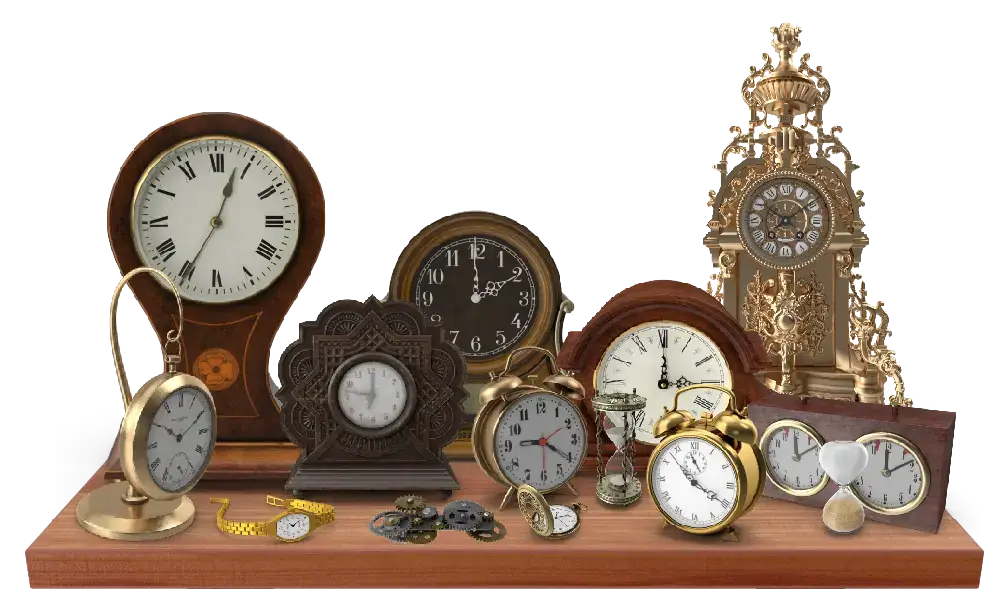 Display shelf full of mantle clocks, anniversary clocks, and pocket watches