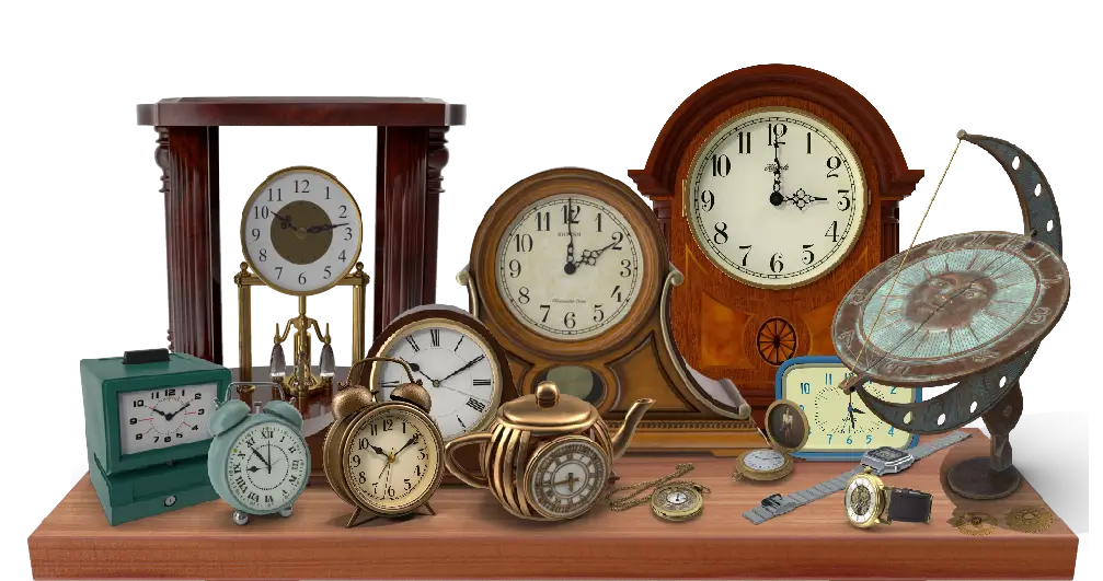Display shelf full of mantle clocks, anniversary clocks, and pocket watches